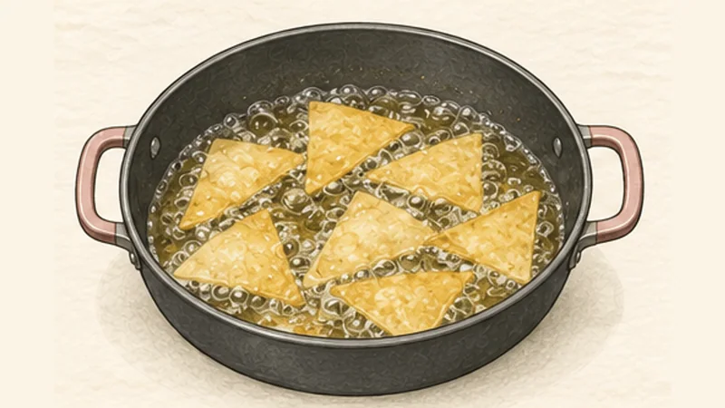 Chilaquiles Verdes, step 2: Fry the tortilla chips.