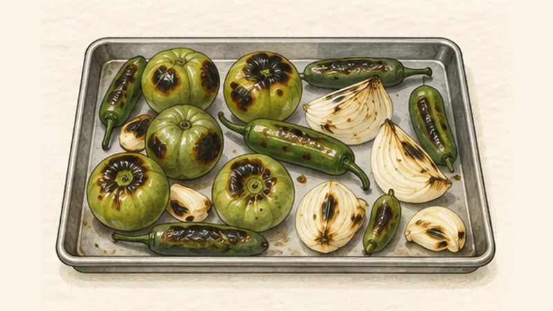 Chilaquiles Verdes, step 3: Roast the salsa vegetables.