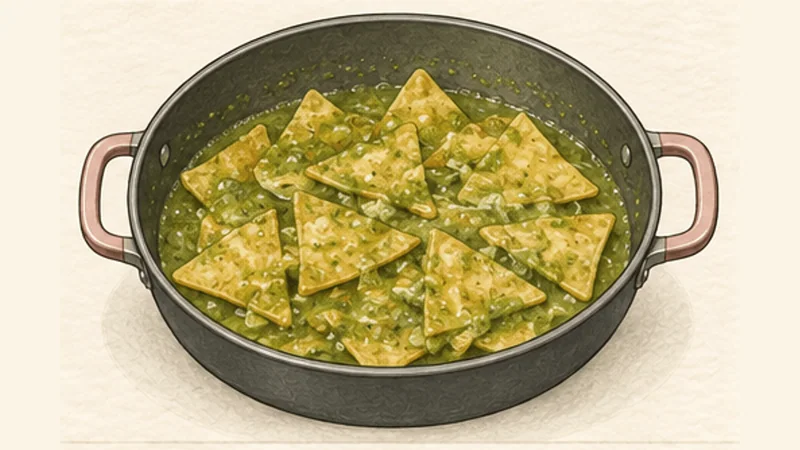 Chilaquiles Verdes, step 6: Toss chips briefly in salsa.