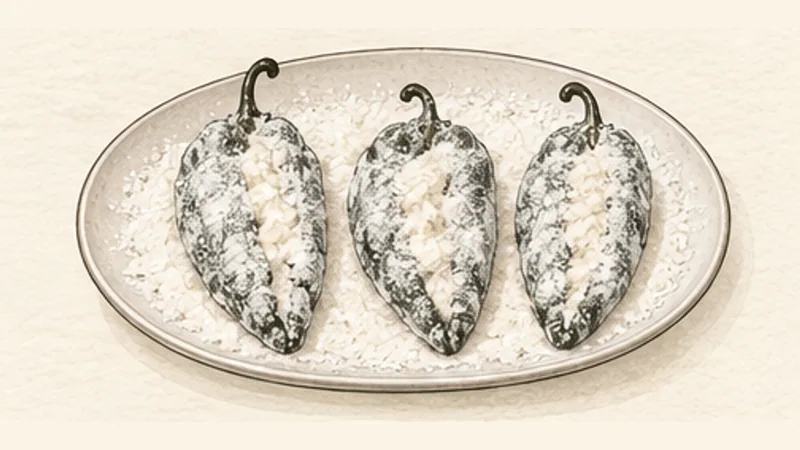 Chiles Rellenos, step 6: Dust with flour.