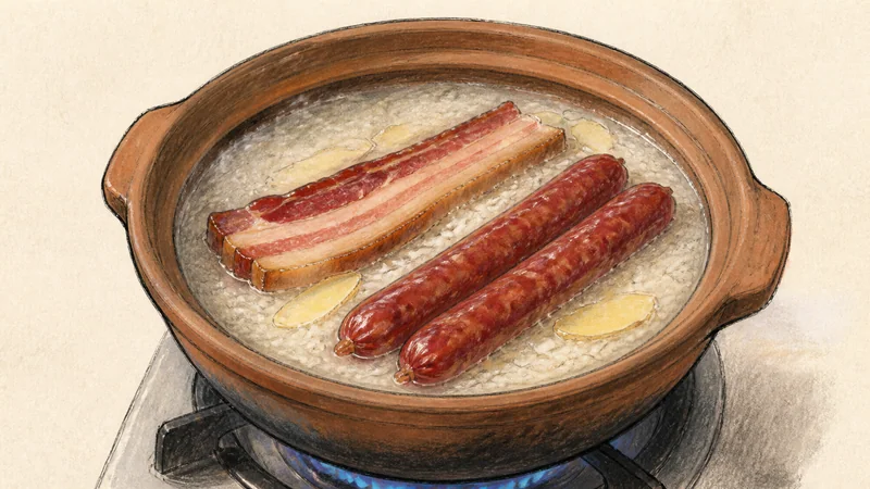 Hong Kong-style clay-pot rice, step 2: Bring the soaked rice to a boil.