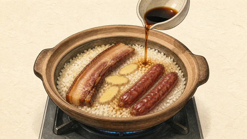 Hong Kong-style clay-pot rice, step 5: Season the rice.