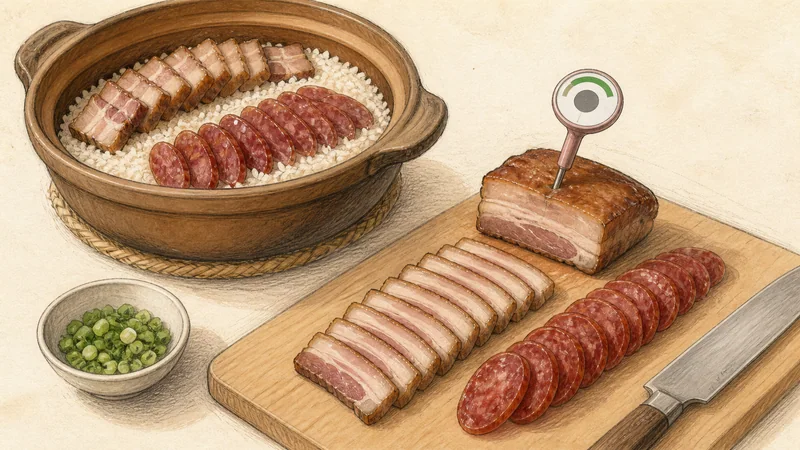 Hong Kong-style clay-pot rice, step 7: Slice the cured meats.