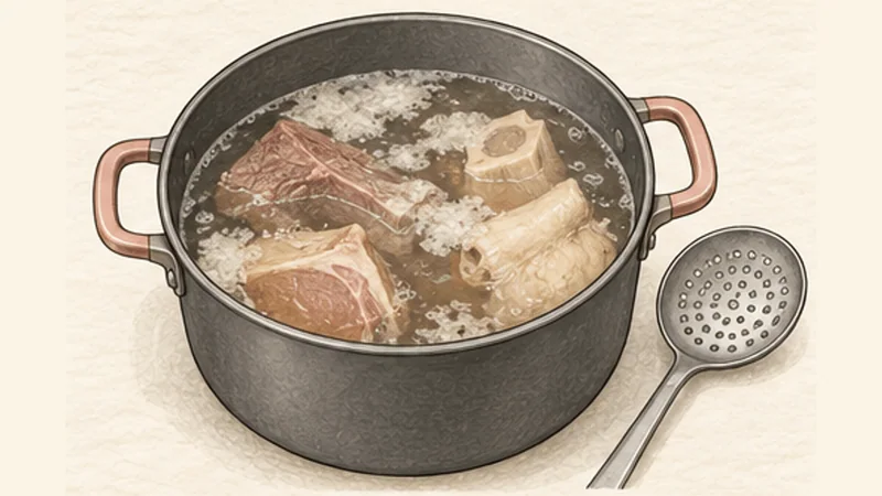 Cocido Madrileño, step 2: Start and skim the meat broth.