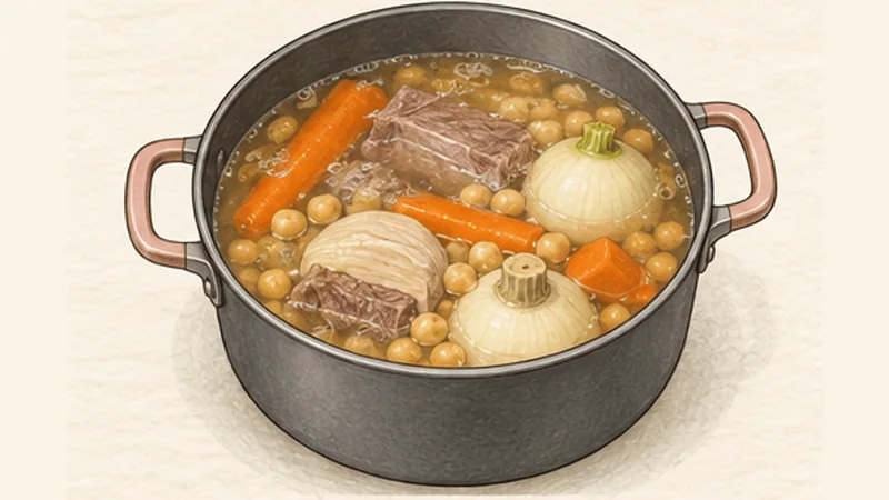 Cocido Madrileño, step 3: Add chickpeas and long-cooking vegetables.