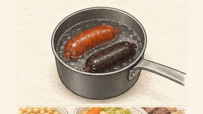 Cocido Madrileño, step 4: Cook chorizo and morcilla separately.