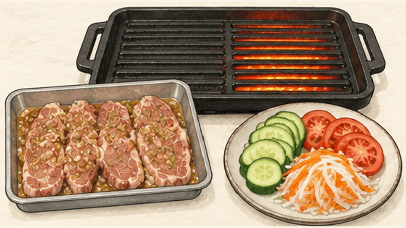 Cơm Tấm Sườn Nướng — Broken Rice with Grilled Pork, step 5: Prepare the grill and vegetables.