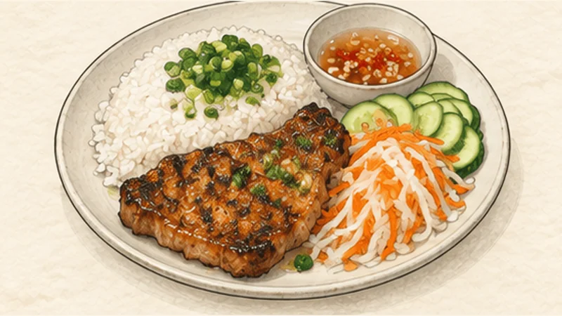 Cơm Tấm Sườn Nướng — Broken Rice with Grilled Pork, step 8: Build the broken-rice plates.