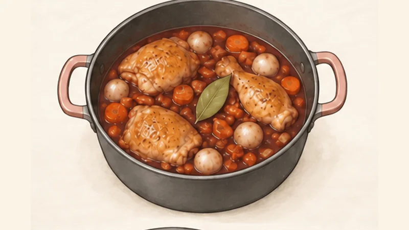Coq au Vin, step 5: Add wine and stock.
