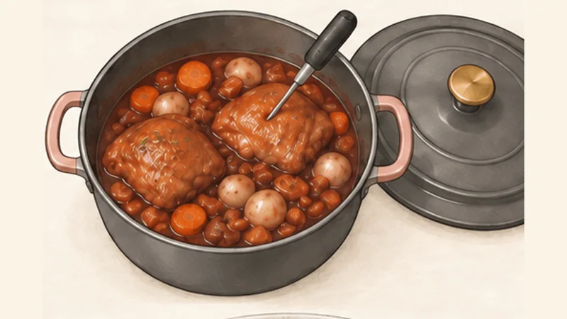 Coq au Vin, step 6: Braise until safely cooked.