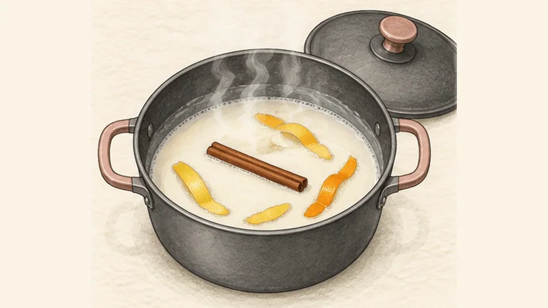 Crema Catalana, step 1: Infuse the milk.