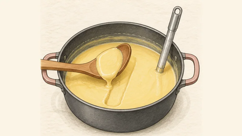 Crema Catalana, step 3: Temper and cook the custard.