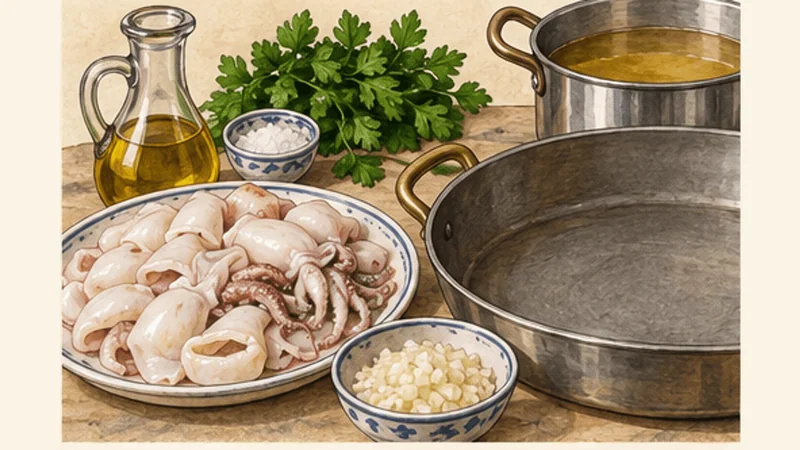 Dalmatian Crni Rižot — Croatian Black Risotto, step 1: Warm the stock and prep the cuttlefish.