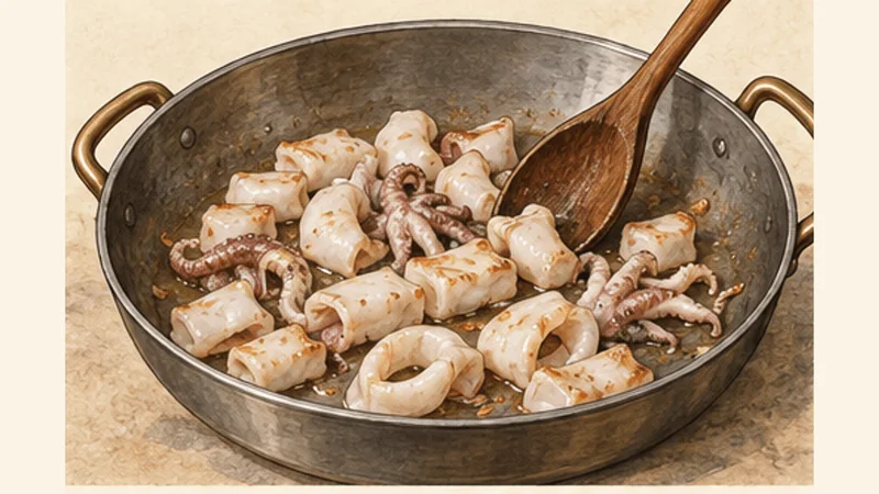 Dalmatian Crni Rižot — Croatian Black Risotto, step 2: Sear the cuttlefish briefly.