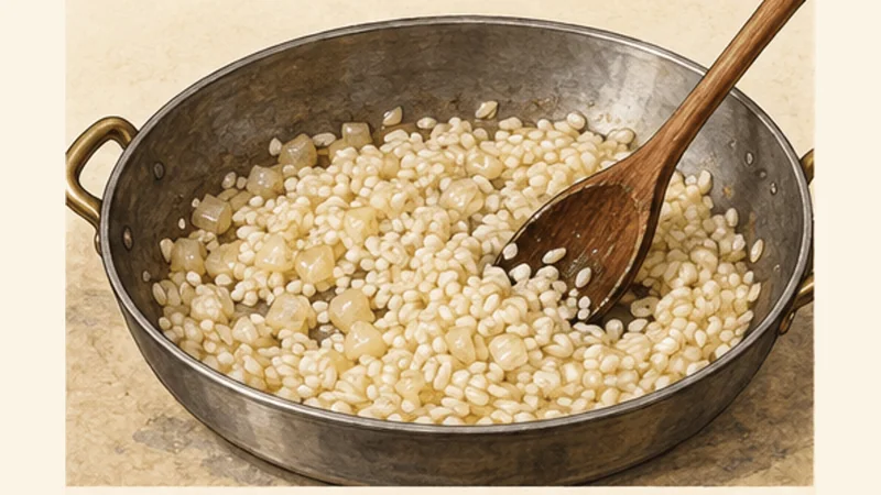 Dalmatian Crni Rižot — Croatian Black Risotto, step 3: Soften the onion and toast rice.