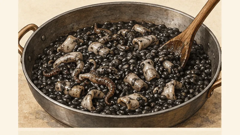 Dalmatian Crni Rižot — Croatian Black Risotto, step 6: Return cuttlefish and check texture.