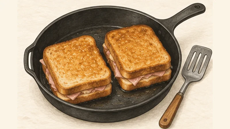 Croque Monsieur, step 4: Toast in a skillet.