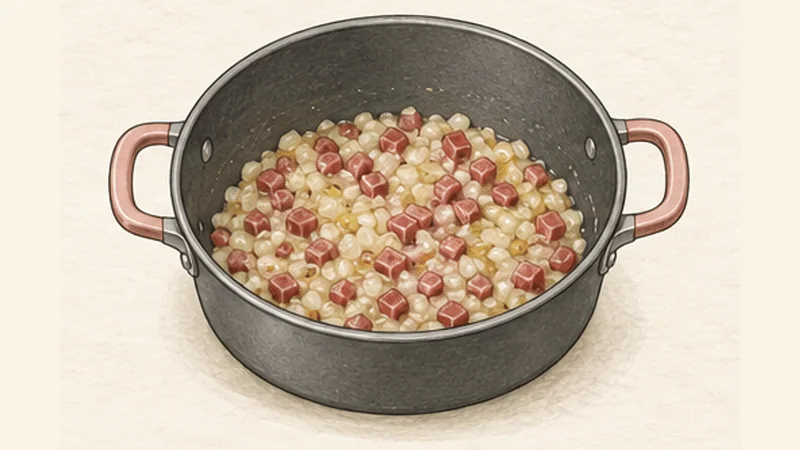 Croquetas de Jamón, step 2: Soften the onion and ham.