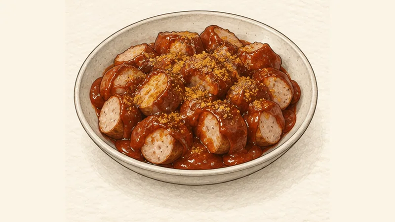 Currywurst, step 6: Slice, sauce and dust.