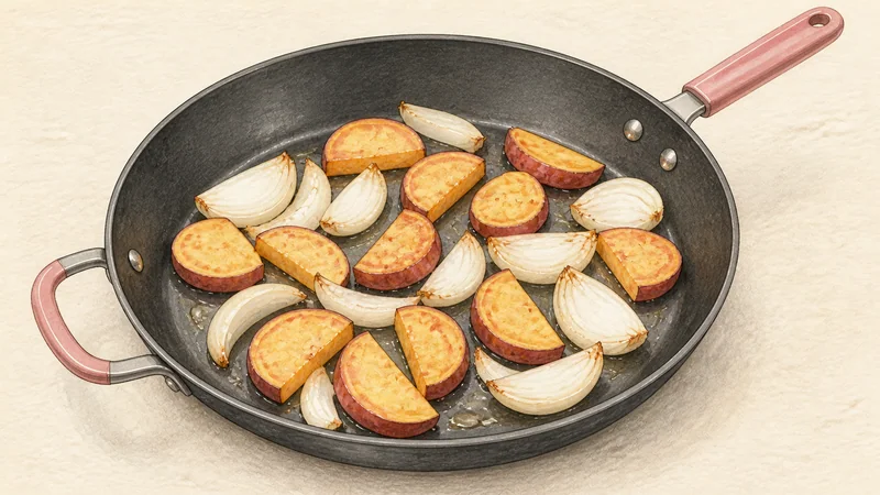 Dakgalbi, step 4: Start sweet potato and onion.