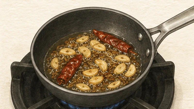 Dal Tadka, step 5: Brown garlic and chile.