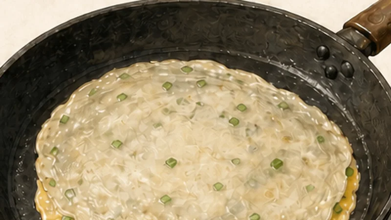 Taiwanese Dan Bing, step 4: Bond crepe to egg.