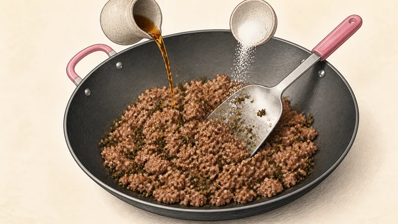 Dan dan noodles, step 4: Season the pork topping.