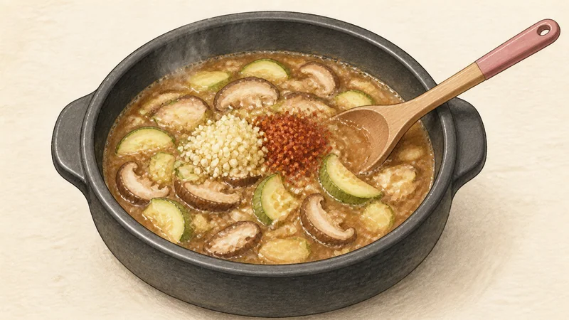 Doenjang jjigae, step 4: Add zucchini and mushrooms.