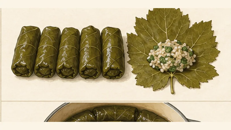 Dolmades, step 7: Fill and roll the leaves.