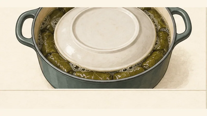 Dolmades, step 9: Simmer under a plate.