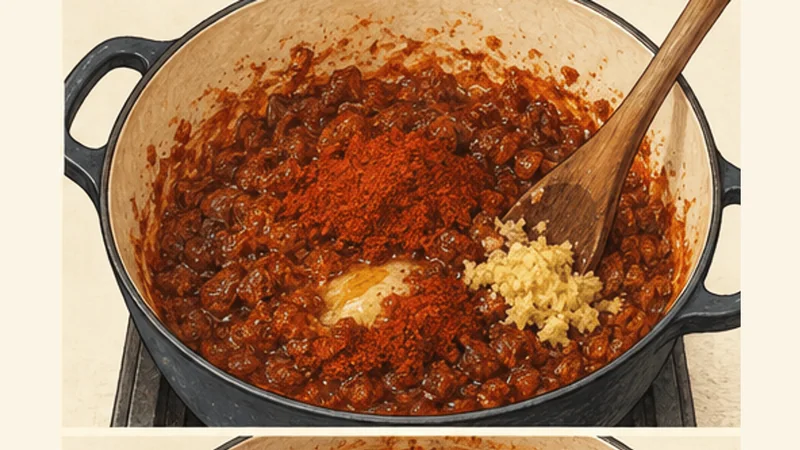 Ethiopian Doro Wat Chicken Stew, step 3: Fry berbere and aromatics.