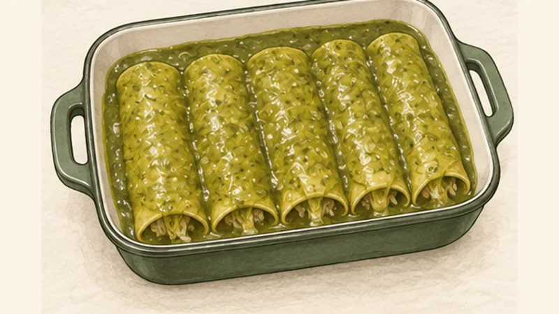 Enchiladas Verdes, step 8: Bathe the enchiladas.