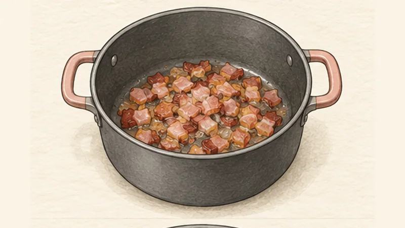 German Erbsensuppe, step 1: Render the smoked bacon.