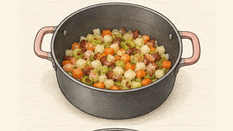 German Erbsensuppe, step 2: Sweat the vegetables.