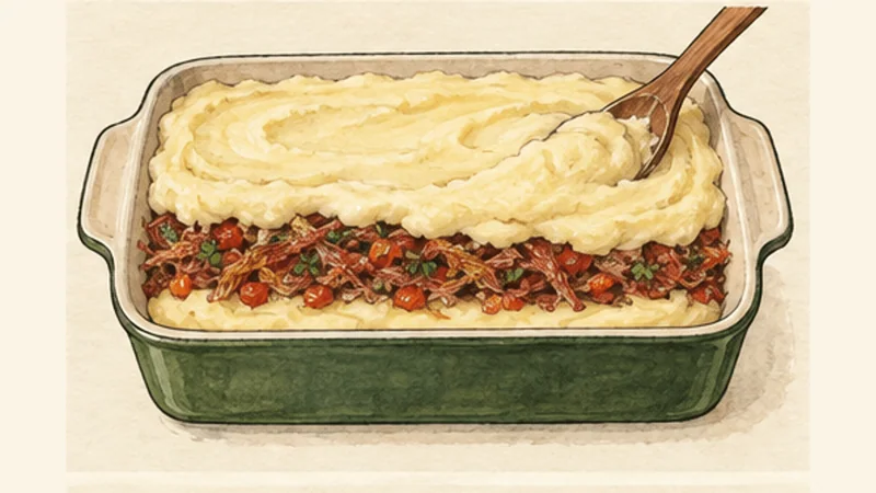 Escondidinho de Carne Seca, step 5: Assemble the casserole.