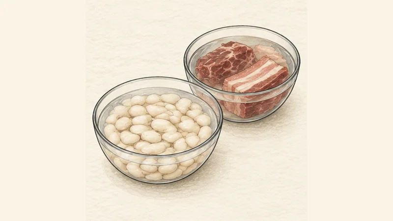 Fabada Asturiana, step 1: Soak the beans and cured pork.