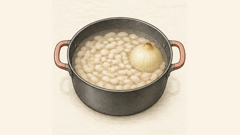 Fabada Asturiana, step 2: Bring the beans up slowly and skim.