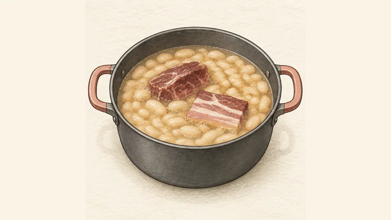 Fabada Asturiana, step 3: Slow-cook with lacón and pancetta.