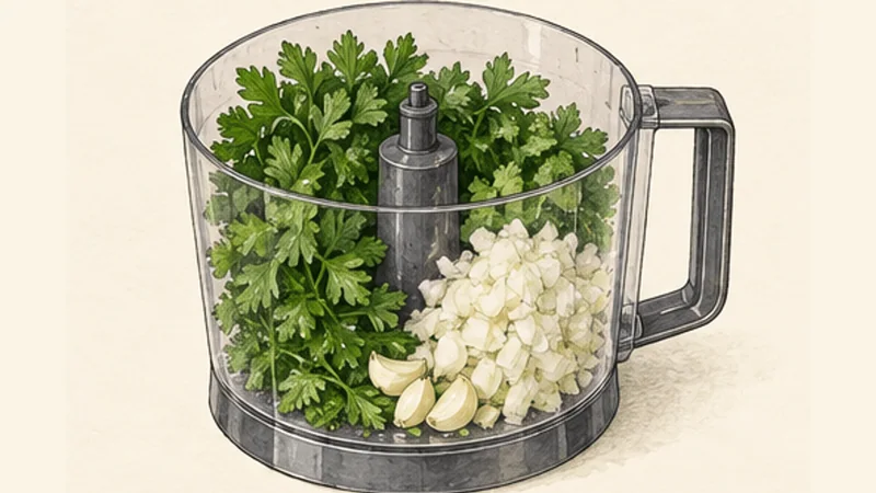 Levantine Chickpea Falafel, step 2: Pulse the herbs and aromatics.