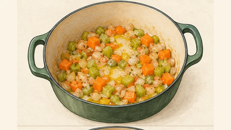 Fasolada, step 3: Sweat the vegetables.