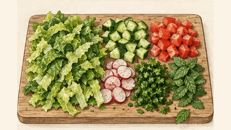Lebanese Fattoush with Crispy Pita, step 2: Dry and chop the vegetables.