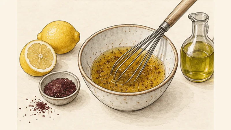 Lebanese Fattoush with Crispy Pita, step 3: Whisk the sumac dressing.
