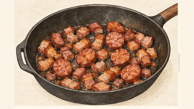 Feijão Tropeiro, step 1: Crisp the bacon and sausage.