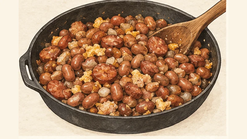 Feijão Tropeiro, step 4: Fold in the beans.