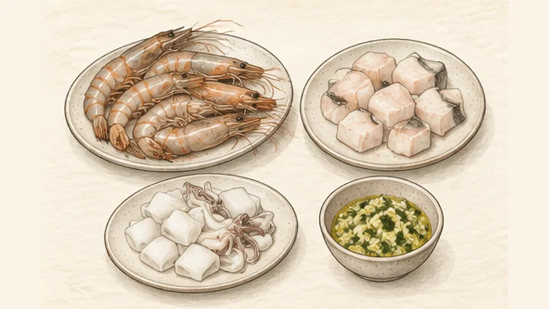 Fideuà, step 1: Prepare the seafood and garlic paste.