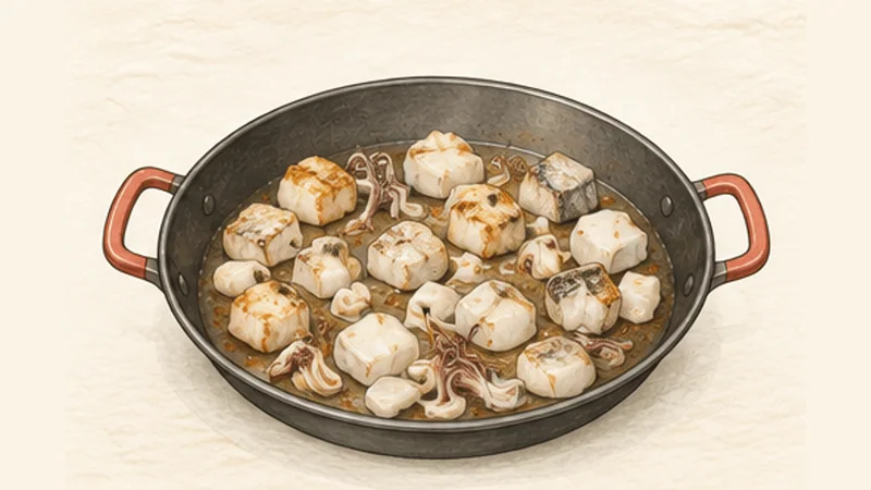 Fideuà, step 3: Brown the fish and cuttlefish.