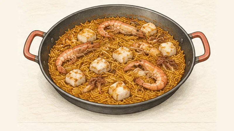 Fideuà, step 6: Cook the noodles and return the prawns.
