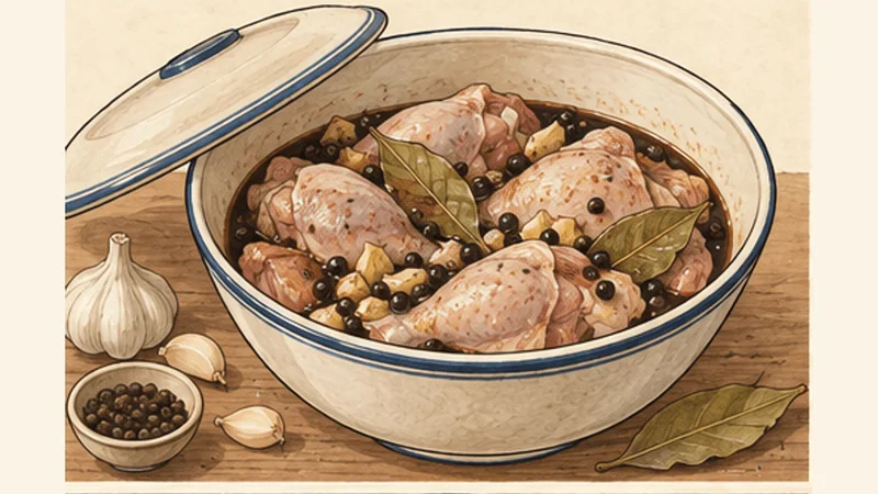 Filipino Chicken Adobo, step 1: Marinate the chicken.