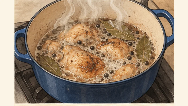 Filipino Chicken Adobo, step 3: Add vinegar and simmer briefly.