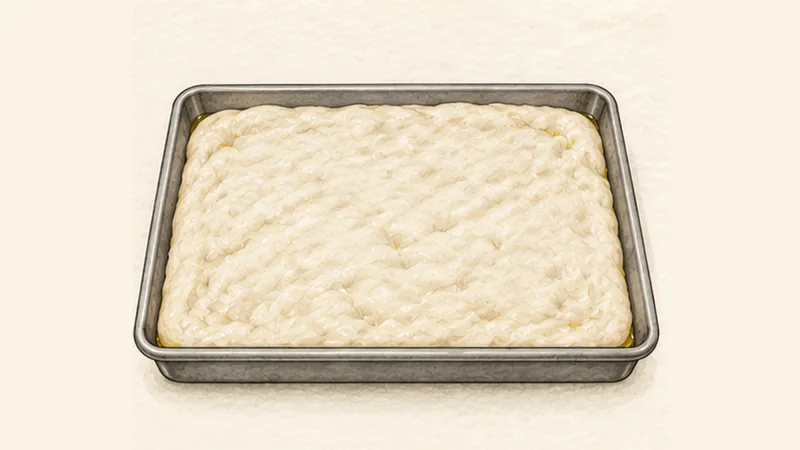 Focaccia Genovese, step 3: Stretch in an oiled pan.